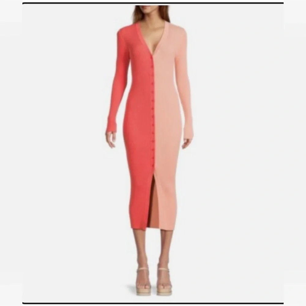 staud red and pink dress Staud Colorblock Pattern Midi Length, Dress in Pink